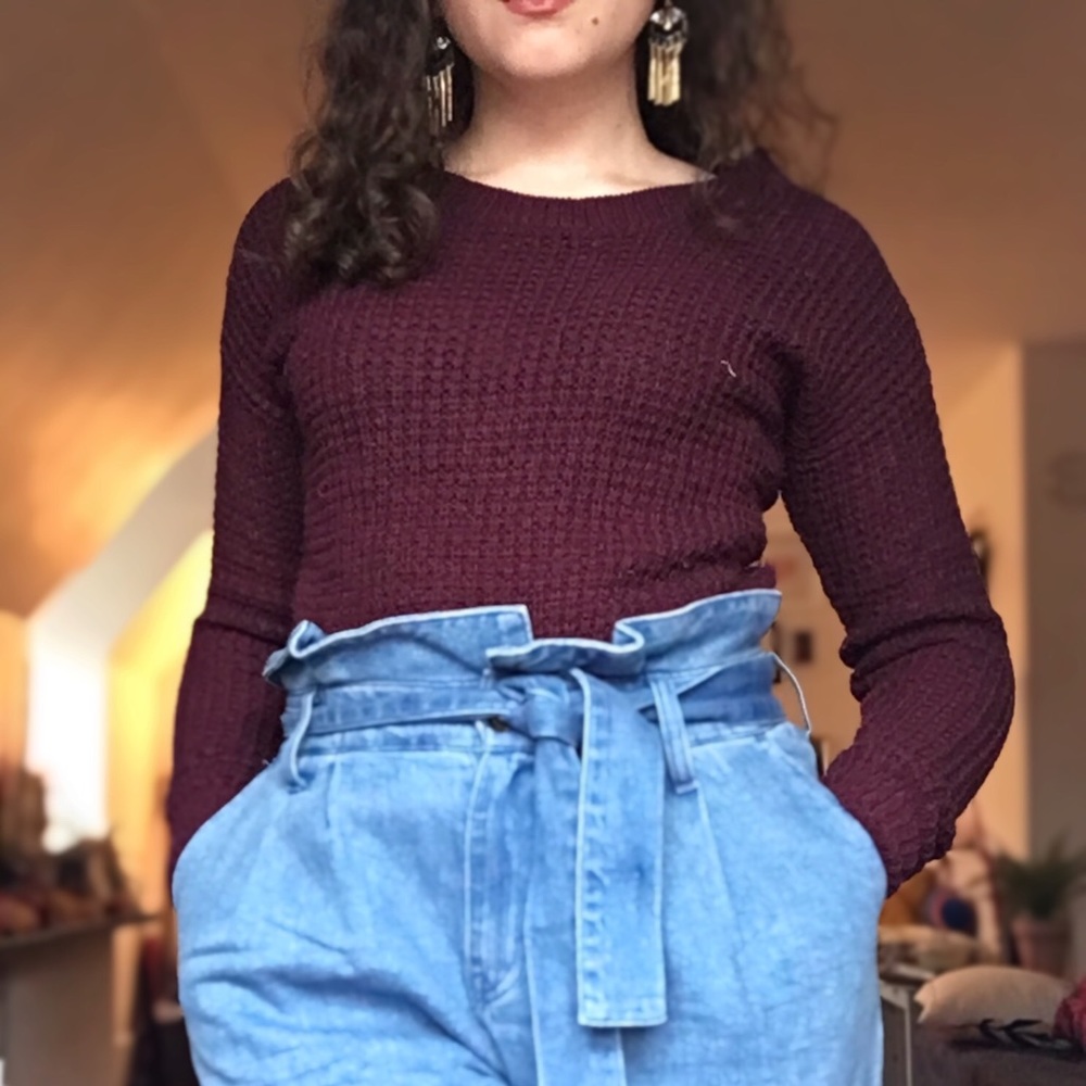 Burgundy knit sweater. Healthy; few lint balls.